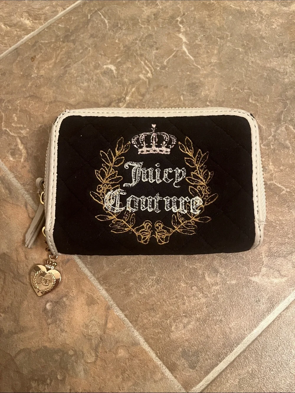 Juicy Couture Black Quilted Wallet with White Trim and Gold Crest